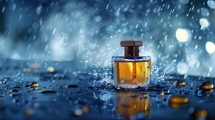 Stylish bottle with perfume under raindrops