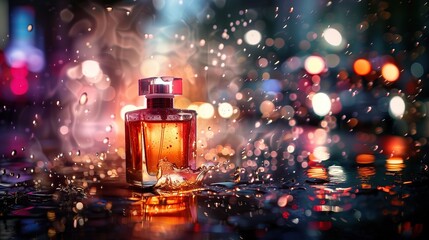 Stylish bottle with perfume under raindrops