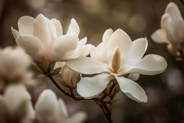Closeup of white magnolia blossoms in full bloom, set against the backdrop of an ancient garden