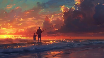 Father and son fishing together on a pier during sunset or sunrise