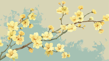 Blooming tree branch with yellow flowers on blue an