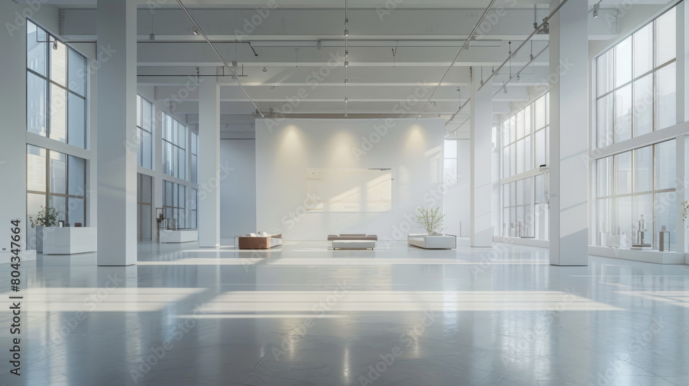 Poster a visually appealing showroom mockup showcasing modern furnishings and soft ambient lighting, creati