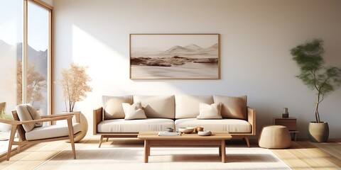 Interior of modern living room with brown sofa, coffee table and plant, 3d render