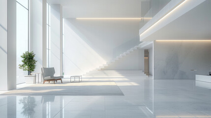 Fototapeta premium Sleek, modern furnishings in an empty showroom, highlighted by soft ambient lighting.