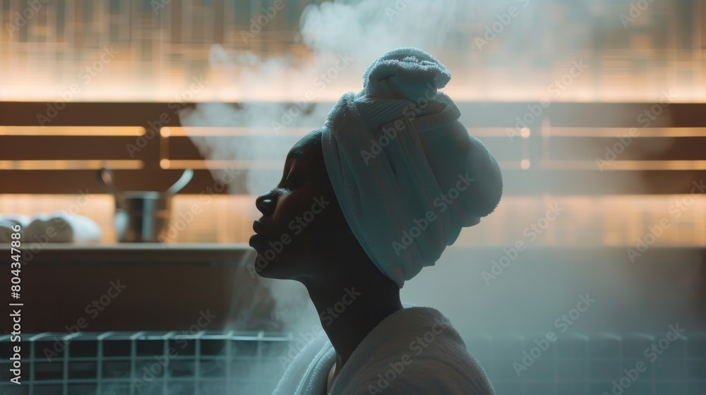 Poster a person sitting in the sauna with a cloth dd over their face allowing the steam to open their pores