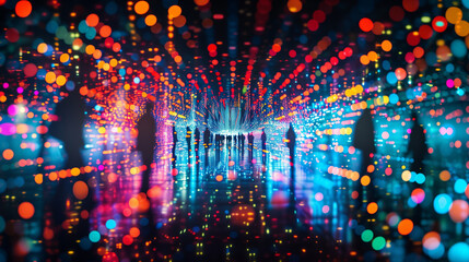 The figures standing at the end of a pathway that leads into a tunnel of vibrant, multicolored lights. 
