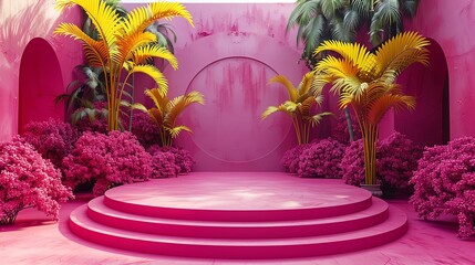 pink and yellow tropical paradise - obrazy, fototapety, plakaty