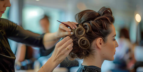 Capture the wedding makeup artist and hairdresser at work on the bride's hairstyle, in the salon,