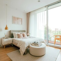 Wide angle shot of a white bedroom cute style decoration With a soft, fluffy white bed and a small white sofa. Reading table and lamp by the window Inside the room has a warm atmosphere