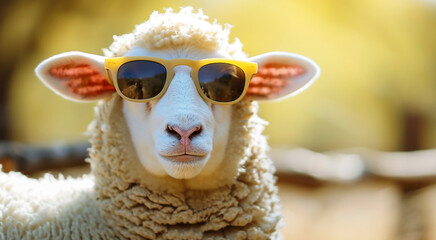 Funny cute sheep with curly wool in sunglasses