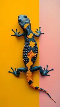 Artistic interpretation of a fire salamander, abstract and colorful, against a minimalist pastel backdrop
