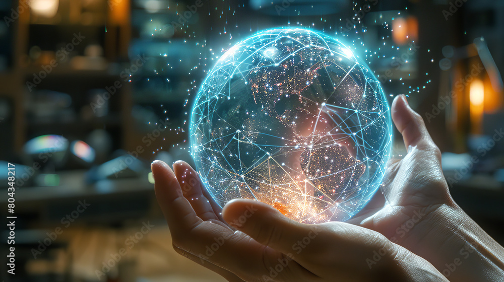 Poster hands presenting a glowing digital globe, with a bokeh effect background, symbolizing global connect