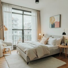 Wide angle shot of a white bedroom cute style decoration With a soft, fluffy white bed and a small white sofa. Reading table and lamp by the window Inside the room has a warm atmosphere