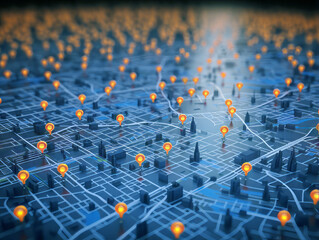 A digital grid with connected nodes and orange location markers, on a blue illuminated background, concept of networking, Generative AI. Generative AI