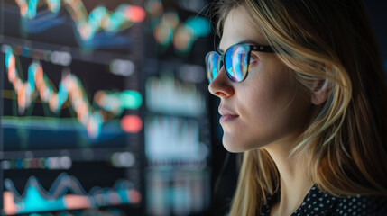 A businesswoman wearing glasses and ponytail, analyzing financial data on a virtual screen.