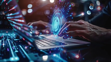 Businessman, laptop and cybersecurity overlay with futuristic hologram, data safety or software developer in office with innovation of technology. Ux, hacker of cyber security and future of fintech