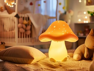 A cute glowing mushroom lamp in a child's room.