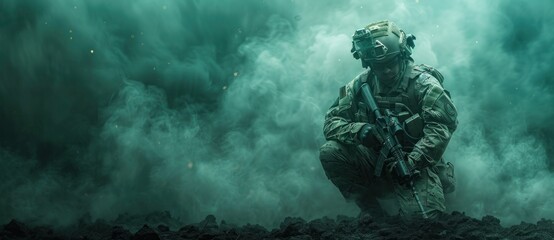 A special forces soldier in camouflage kneels with an assault rifle on a green and black background in a dark cinematic style with smoke effects