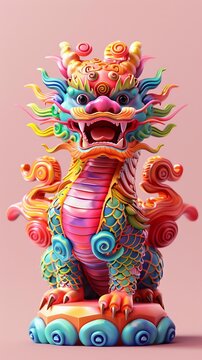 Artistic rendering of Pixiu, stylized and modern, vibrant hues set against a plain pastel pink background
