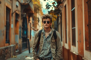A man wearing a jacket and sunglasses walks down a street