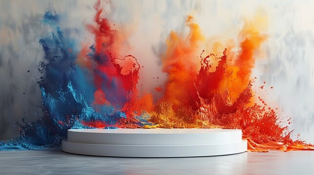 podium with blue, red and yellow powder explosion