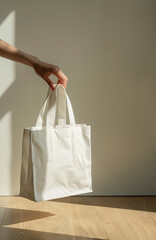A minimalist white tote bag, epitomizing eco-friendly fashion, is presented against a backdrop of soft shadows