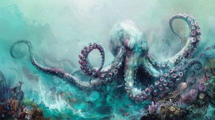Artistic representation of a Kraken in peaceful coexistence with marine life, set against a soft, aqua background