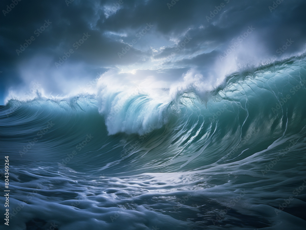 Poster a dramatic wave captured with sunlight filtering through, set against a stormy sky, evoking the conc