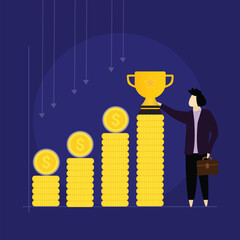 Businessman standing with successful growth chart after corona effect, business growth after recession, Businessman standing on coins that growing, The Way Forward, Crisis Management, Teamwork concept