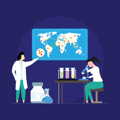 Corona virus Vaccine Research Development in Lab, Scientists in laboratory, chemical researchers with lab equipment, Young woman scientist looking through a microscope in a laboratory doing chemical