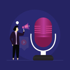 Man with audio device for podcast content advertisement, Podcast or Online Broadcasting, Livestream Landing Page Template. Tiny Female in Headset Speaking at Huge Microphone