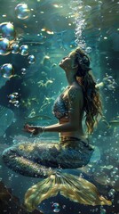 Artistic representation of a mermaid in meditation under water, surrounded by floating bubbles, tranquil and serene