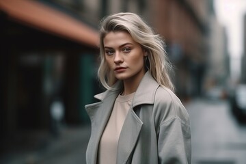 A blonde woman is standing on a city street wearing a gray coat