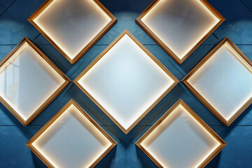 the gallery adorned with a quartet of wooden frames, each filled with a white canvas, arranged in a diamond shape on a wall with a deep blue hue exhibit exhibit