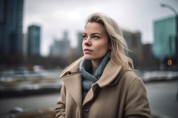 Obraz premium A woman wearing a brown coat and scarf stands in front of a city skyline