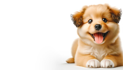 A happy animated puppy on a white background, depicted in a realistic style, concept of joy and pets. Generative AI