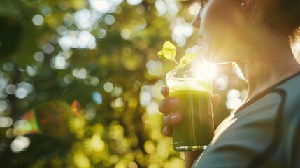 A jogger taking a break to hydrate with a refreshing glass of green juice with sunlight streaming through the trees. - obrazy, fototapety, plakaty