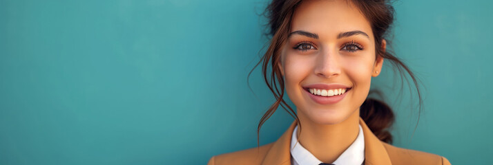 Radiant professional woman against teal backdrop. Displays warmth and approachability, ideal for business or social media profiles