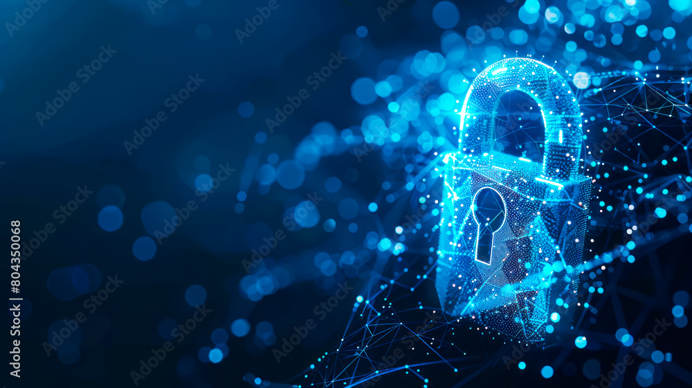 Poster A digital padlock composed of glowing dots and lines on a dark blue background, symbolizing cybersecurity. Generative AI