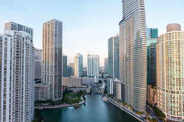 Aerial Shot of Entering Miami River Skyline.