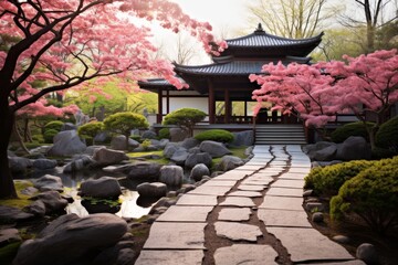 A Tranquil Zen Garden with a Winding Stone Pathway, Nestled Amongst Blossoming Cherry Trees Under the Soft Glow of a Setting Sun - obrazy, fototapety, plakaty