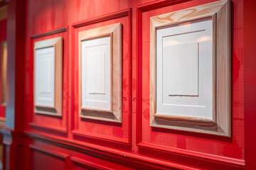 the gallery wall, adorned in a classic Windsor Red, serves as the backdrop for three wooden frames with white centers exhibit