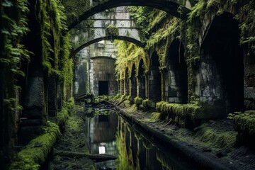 A Haunting Vision of an Abandoned Underground Tunnel, Overgrown with Moss and Illuminated by a Single Flickering Light