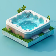 3d isometric icon of a hot tub , flat icon style with blue pastel tones, summer time, leisure, water, relaxation