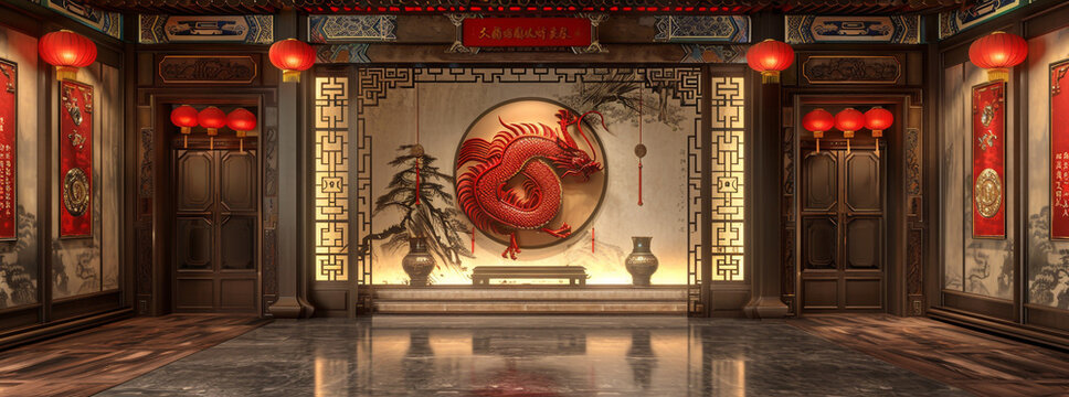 Chinese house interior background with red dragon