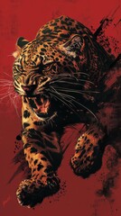 Bauk in midpounce, dynamic and fearsome, with a clean, dark red background to enhance the sense of danger