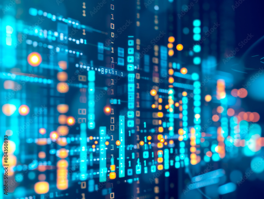Poster Abstract digital binary code and lights on a blue background, symbolizing technology. Generative AI