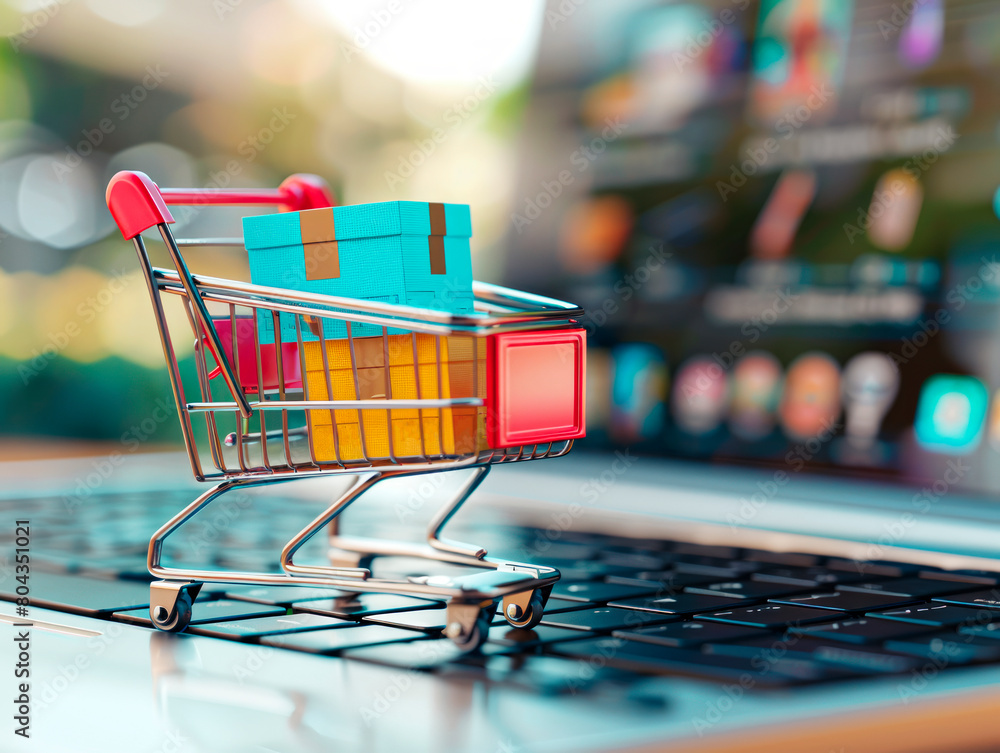 Poster a miniature shopping cart with boxes on a laptop keyboard, blurred tech backdrop, concept of online 