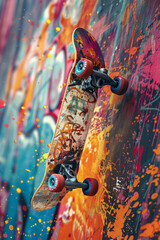 Fototapeta premium A retro skateboarder showcasing skills on a vibrant graffiti backdrop, blending street art with extreme sports in a visually captivating display of talent and creativity.