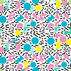 Obraz premium A seamless pattern of Memphis style geometric shapes.